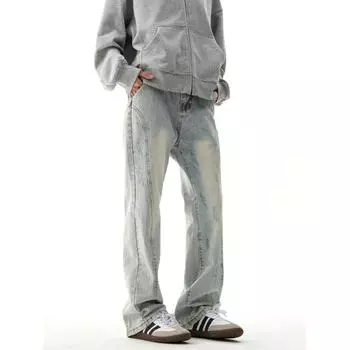Ретро джинсы мужские осенние новые стильные взрывные уличные хулиганские красивые повседневные брюки для подростков свободные прямые широкие мужские брюки S светло-синий