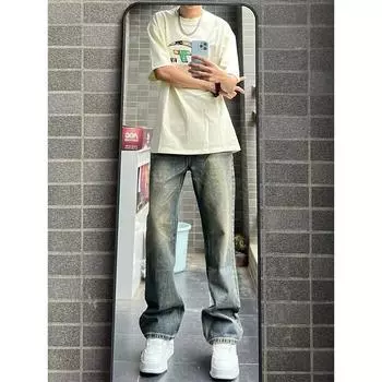 Ретро джинсы мужские осенние новые стильные взрывные уличные хулиганские красивые повседневные брюки для подростков свободные прямые широкие мужские брюки S синий