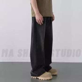 Ретро джинсы мужские осенние новые стильные взрывные уличные хулиганские красивые повседневные брюки для подростков свободные прямые широкие мужские брюки S чёрный