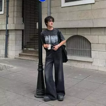 Ретро джинсы мужские осенние новые стильные взрывные уличные хулиганские красивые повседневные брюки для подростков свободные прямые широкие мужские брюки S чёрный