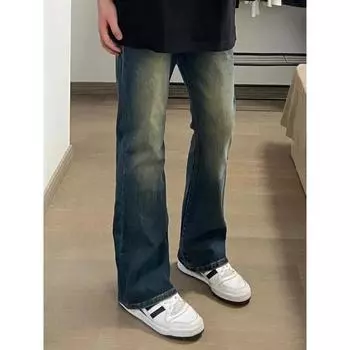 Ретро джинсы мужские осенние новые стильные взрывные уличные хулиганские красивые повседневные брюки для подростков свободные прямые широкие мужские брюки S синий