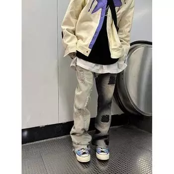 Ретро джинсы мужские осенние новые стильные взрывные уличные хулиганские красивые повседневные брюки для подростков свободные прямые широкие мужские брюки S синий