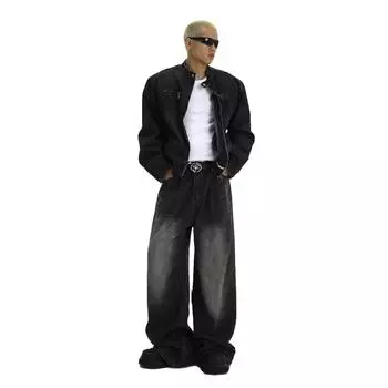 Ретро джинсы мужские осенние новые стильные взрывные уличные хулиганские красивые повседневные брюки для подростков свободные прямые широкие мужские брюки 3XL чёрный