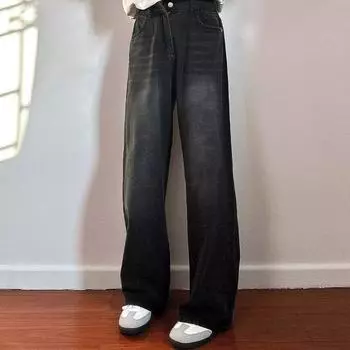Ретро джинсы мужские осенние новые стильные взрывные уличные хулиганские красивые повседневные брюки для подростков свободные прямые широкие мужские брюки S чёрный