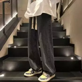 Ретро джинсы мужские весна/осень прямые свободные модные брендовые широкие универсальные повседневные длинные брюки лето S чёрный