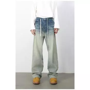 Ретро-джинсы со средней талией и завязками, прямые, мужские, уличные, свободные, широкие брюки, прямые, свободные джинсы для мужчин, модные и удобные брюки S синий
