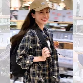Retro Early Autumn Stylish Thin Outer Match Gingham Shirt Navy S Suggested 37.50 kg-45.00 kg