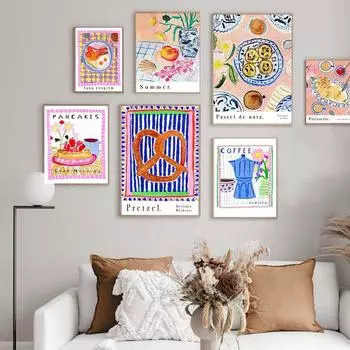 Ретро Еда Кухня Принты Завтрак Кофе Бариста Горшок Фрукты Персик Плакаты Настенная Картина на Холсте Декор Столовой Картина Без Рамки 21*30cm