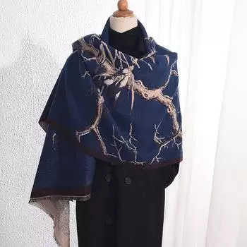 Retro Elegant Branch Print Scarf - Autumn/Winter Korean Style, High-End Fashion, Warm, Feminine Shawl Z-Jacquard, 67*185 тёмно-синий
