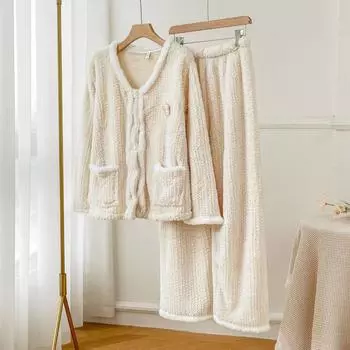 Retro Elegant Coral Fleece 2PCS Pajamas Autumn Winter Warm Pyjamas Suits Home Clothes Sexy V-Neck Hairy SleepwearLounge Wear M