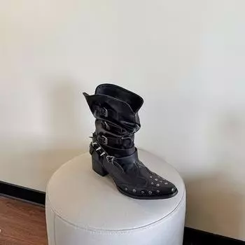 Retro embroidered pointed western cowboy boots women s spring and summer new thick heel versatile knight boots sleeve boots 35