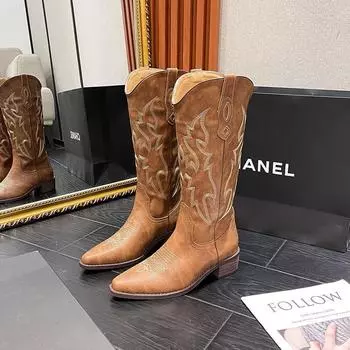 Retro embroidered thread leather western cowboy boots women s autumn new pointed thick heel sleeve versatile knight boots 35