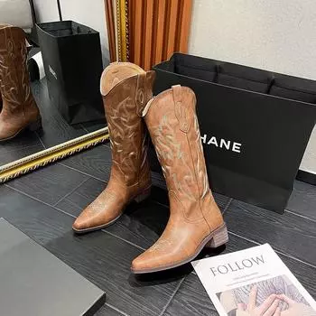 Retro embroidered thread western cowboy boots women s spring and autumn new pointed thick heel sleeve versatile knight boots 34