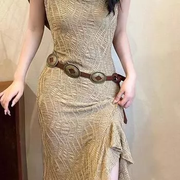 Retro Ethnic Style Belt Hollow Western Denim Waist Belt Elegant Y2K Waistband Stage коричневый