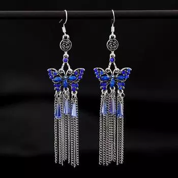 Retro ethnic style butterfly crystal fringed earrings femininity versatile personality long earrings fashion earrings