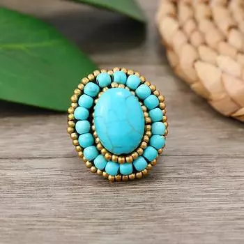 Retro ethnic style hand-woven turquoise ring niche personality exaggerated temperament versatile women s simple ring