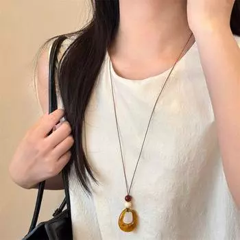 Retro Ethnic Style Large Brown Circle Resin Necklace Long Tassel Sweater Chain Fancy Necklace Oval Ring Amber Necklace