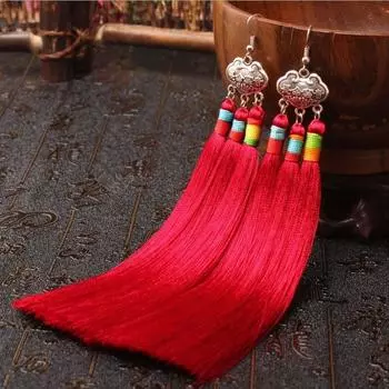 Retro ethnic style long-life lock fringed earrings Republic of China ancient style bride earrings temperament long women s vacation ear jewelry