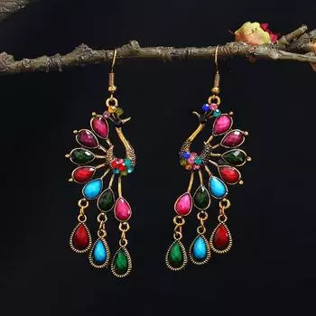 Retro ethnic style peacock earrings long fringed temperament versatile earrings personalized women s simple court earrings