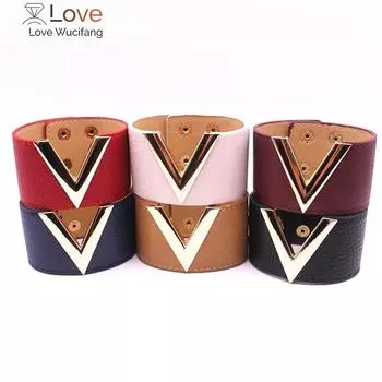 Ретро Европа и большой кожаный браслет Простой универсальный браслет Ol V Word Широкий браслет для женщин Новые украшения для рук Bijoux 21cm
