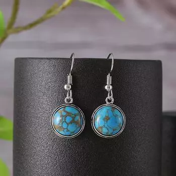 Ретро европейско-американские серебряные и бирюзовые геометрические круглые серьги-подвески для женщин pair серебряный