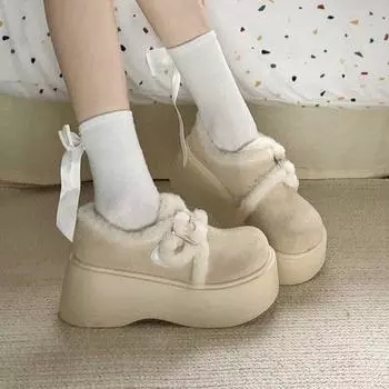 Retro explosive velvet thickened platform cotton shoes women s 2024 new winter heightening warm fluffy shoes 35 чёрный