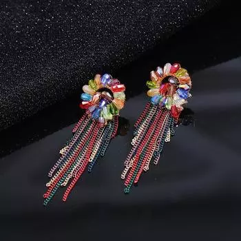 Retro exquisite light luxury bohemian crystal fringed stud earrings female simple temperament long personalized earrings ear jewelry