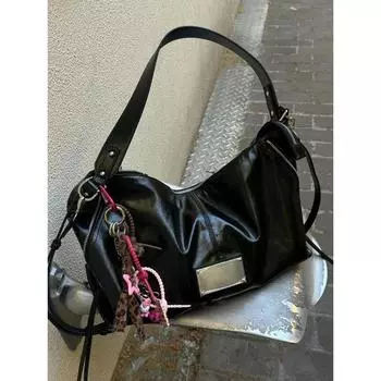 Retro Fancy Pure Color Motorcycle Bag Women s South Korea Bloggers Same Style Shoulder Messenger Bag Large Capacity Totes Black((Excluding pendants))