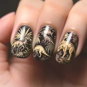 Retro Fantasy Jurassic Dinosaur Nail Art Design False Nail Short Square Press on Nails For Independence Day Celebrations