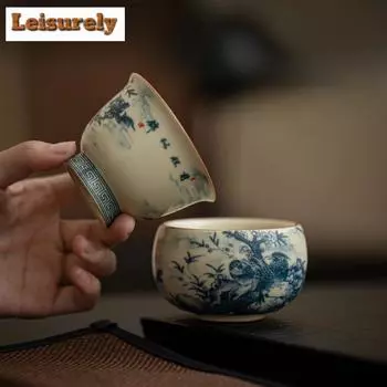 Ретро фарфоровая чашка для чая Ru Kiln с чернилами в виде цветка и птицы, высокая чашка для ног, мастерская одинарная чайная чаша, личная чашка для медитации, кружка, чайная утварь, подарок