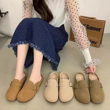 Retro fashion bag head Boken shoes half tray outdoor wear slippers flat shoes Doudou shoes lazy shoes women s shoes 2130-2 35 хаки