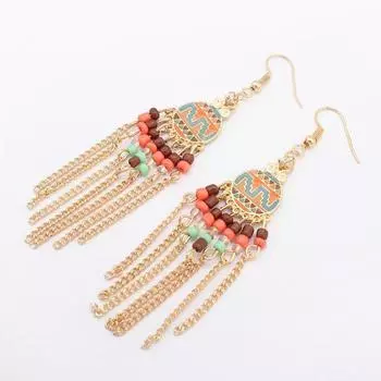 Retro fashion fringed earrings, wind painted beaded long temperament earrings with accessories золотой