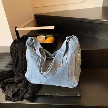 Retro fashion large capacity denim tote bag 2025 spring trend shoulder bag work underarm women s bag чёрный