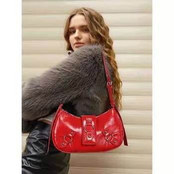 Retro Fashion Locomotive Bag Punk style Red Shoulder Bag Oil Wax Leather Design Sense Pop Spice Girls Maillard Commuter Bag (20cm<Max Length<30cm)
