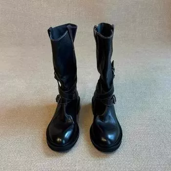 Retro fashion locomotive mid boots metal buckle design spring thick heel Martin boots fried street cool sa wind women s boots 35