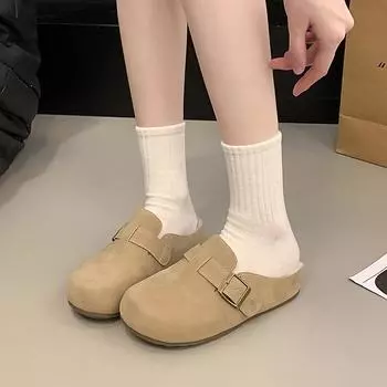 Retro fashion outer wear flat-bottomed bag head mop 2024 winter new velvet warm lazy pedal fluffy slippers 35 хаки