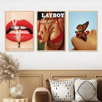 Retro Fashion Poster Sexy Girl Butterflies Red Lips Canvas Painting Prints Wall Art Picture For Modern Living Room Home Decor 21x30cm No Framed