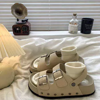 Retro fashion sandals women s outer wear spring and summer new small thick-soled casual sandals 35 бежевый