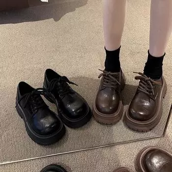 Retro fashion small leather shoes women small wear lace-up comfortable casual shoes niche design thick heel platform single shoes 35 чёрный