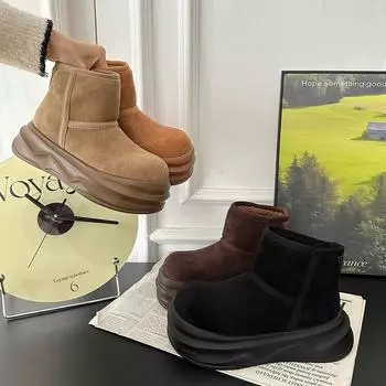 Retro fashion snow boots women s 2024 autumn and winter new small height increase retro velvet thickened warm snow boots 35 верблюд