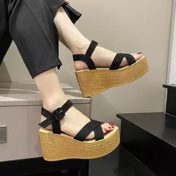 Retro fish mouth wedge sandals new cross strap buckle beach shoes women s large size sandals 36