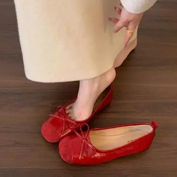 Retro flat-bottomed bow Doudou shoes summer new square head single shoes with skirt flats 35