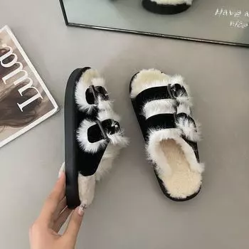 Retro flat-bottomed fringed fluffy slippers women s 2024 new Xiaoxiangfeng fashionable and comfortable one-word drag fringed trendy slippers 35 малиновый