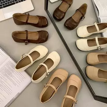 Retro flat-soled single shoes children s niche 2025 spring square head shallow mouth soft leather with skirt Doudou ladyshoes work tide 35 коричневый