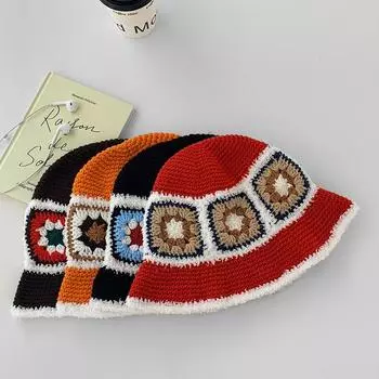 Retro fleece edge flower knitted pot hat women s spring and autumn handwoven sweet versatile wool hat shows small face M (56-58cm) fleece-edged flower knitted pot hat оранжевый