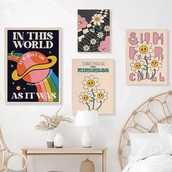 Retro Flower Art Print Wall Quirky Poster Home Decor Illustration Vintage Fashion Simle Sunflower Canvas Painting For Kids Room 21x30cm No Framed