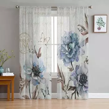 Retro Flower Butterfly Blue Peony Sheer Curtains Modern Gauze Curtain for Living Room Bedroom Voile Yarn Curtains W135 x H114cm