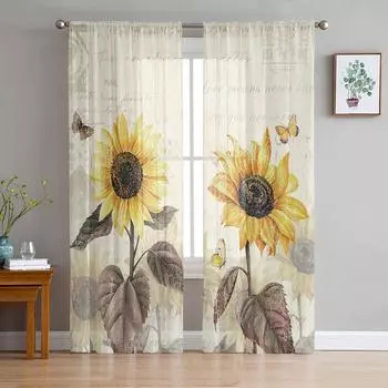 Retro Flower Butterfly Sunflower Sheer Curtains Modern Gauze Curtain for Living Room Bedroom Voile Yarn Curtains W135 x H114cm