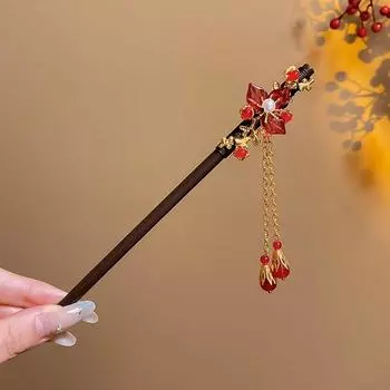 Retro Flower Wooden Hair Stick Tassel Red Hanfu Hairpin Hair Chopstick Hair Sticks for Buns Cheongsam Accessories