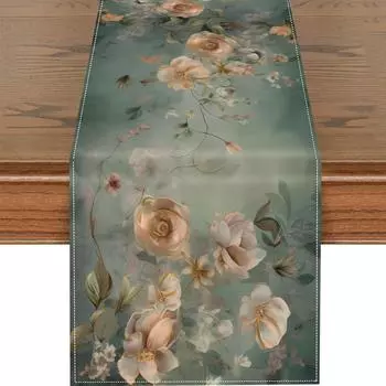 Retro Flowers Leaves Pattern Linen Table Runner Seasonal Summer Home Kitchen Dining Table Decor Holiday Wedding Party Decoration 150x33cm 59x13inch